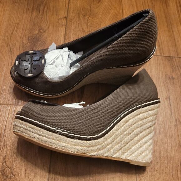 Tory Burch Canvas Espadrilles Wedge Brown Size 7 New - Picture 4 of 7